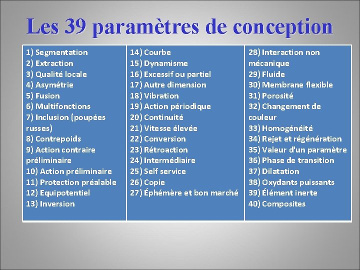 Les 39 paramètres de conception 1) Segmentation 2) Extraction 3) Qualité locale 4) Asymétrie