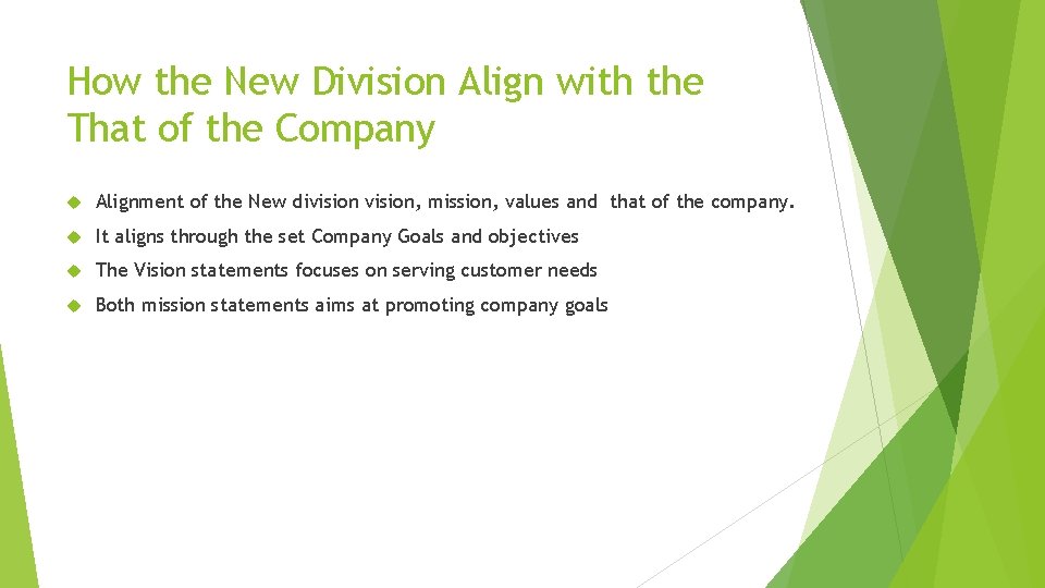 How the New Division Align with the That of the Company Alignment of the