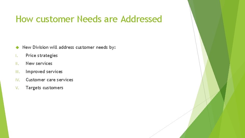 How customer Needs are Addressed New Division will address customer needs by: I. Price