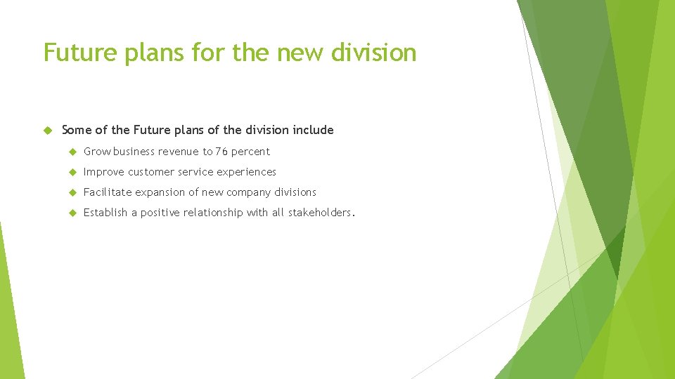 Future plans for the new division Some of the Future plans of the division