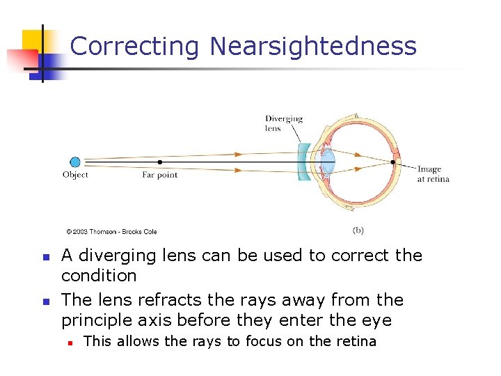 Correcting Nearsightedness n n A diverging lens can be used to correct the condition