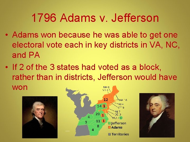 1796 Adams v. Jefferson • Adams won because he was able to get one 1796 Adams v. Jefferson • Adams won because he was able to get one