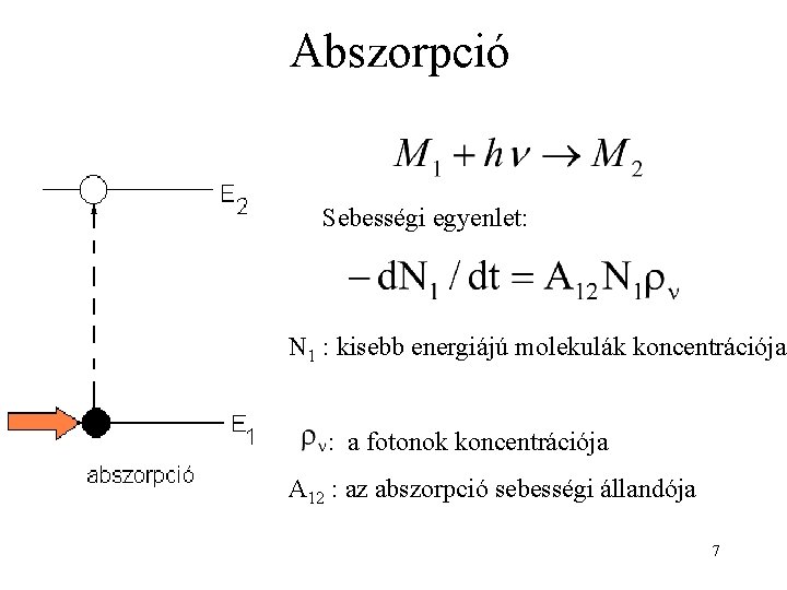 Abszorpció Sebességi egyenlet: N 1 : kisebb energiájú molekulák koncentrációja : a fotonok koncentrációja
