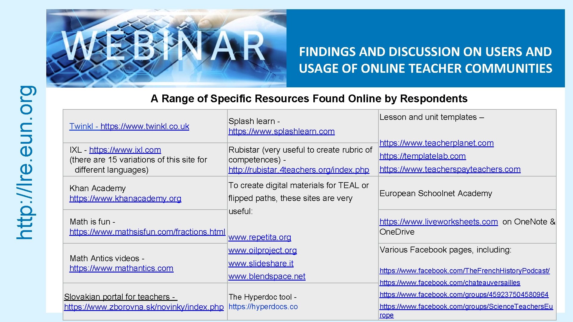 http: //lre. eun. org FINDINGS AND DISCUSSION ON USERS AND USAGE OF ONLINE TEACHER