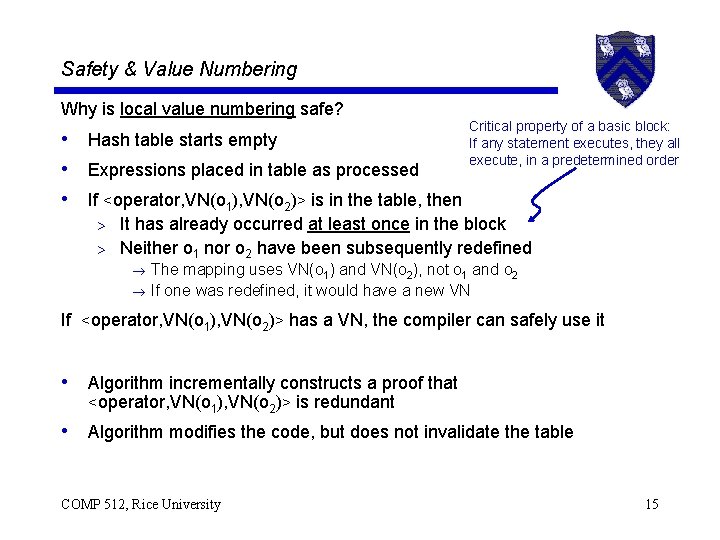 Safety & Value Numbering Why is local value numbering safe? • Hash table starts