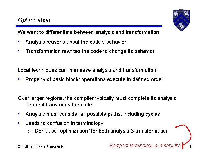 Optimization We want to differentiate between analysis and transformation • Analysis reasons about the