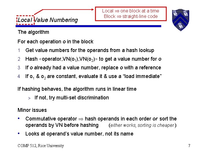 Local Value Numbering Local one block at a time Block straight-line code The algorithm