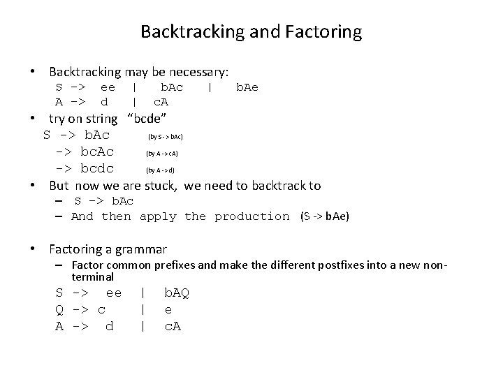 Backtracking and Factoring • Backtracking may be necessary: S -> A -> ee d Backtracking and Factoring • Backtracking may be necessary: S -> A -> ee d