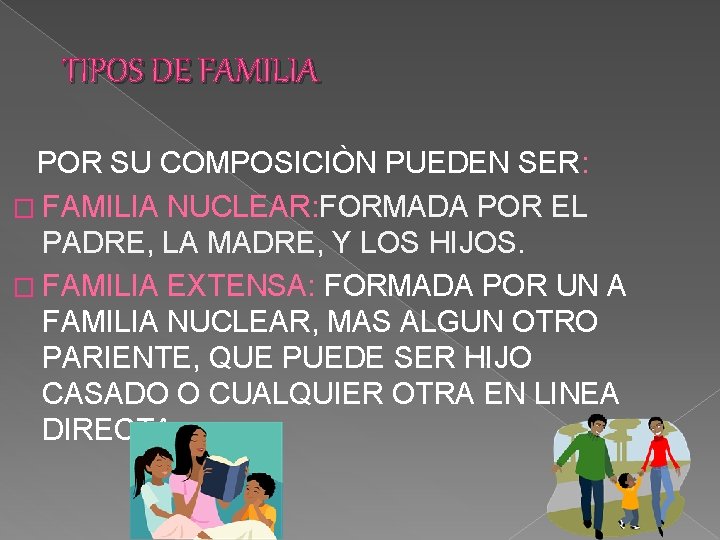 TIPOS DE FAMILIA POR SU COMPOSICIÒN PUEDEN SER: � FAMILIA NUCLEAR: FORMADA POR EL