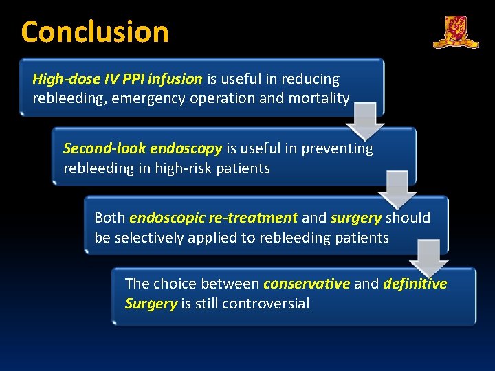 Conclusion High-dose IV PPI infusion is useful in reducing rebleeding, emergency operation and mortality