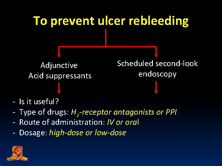 To prevent ulcer rebleeding Adjunctive Acid suppressants - Scheduled second-look endoscopy Is it useful?