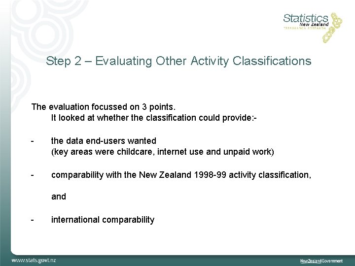 Step 2 – Evaluating Other Activity Classifications The evaluation focussed on 3 points. It