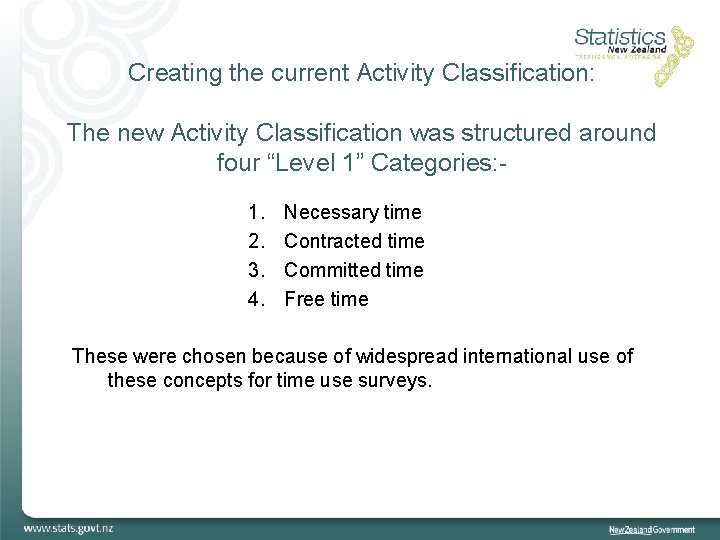 Creating the current Activity Classification: The new Activity Classification was structured around four “Level