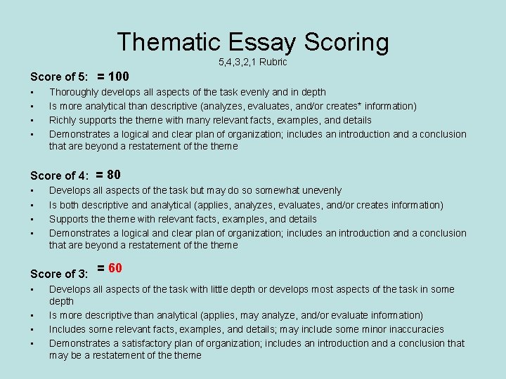 Thematic Essay Scoring 5, 4, 3, 2, 1 Rubric Score of 5: = 100