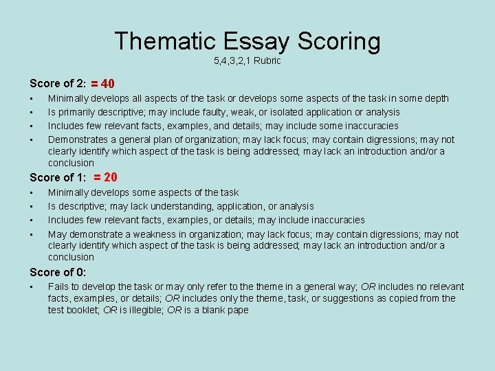 Thematic Essay Scoring 5, 4, 3, 2, 1 Rubric Score of 2: = 40