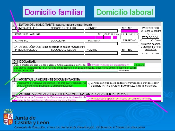 Domicilio familiar Domicilio laboral . Dirección General de Planificación, Ordenación e Inspección Educativa 