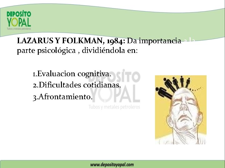 LAZARUS Y FOLKMAN, 1984: Da importancia a la parte psicológica , dividiéndola en: 1.