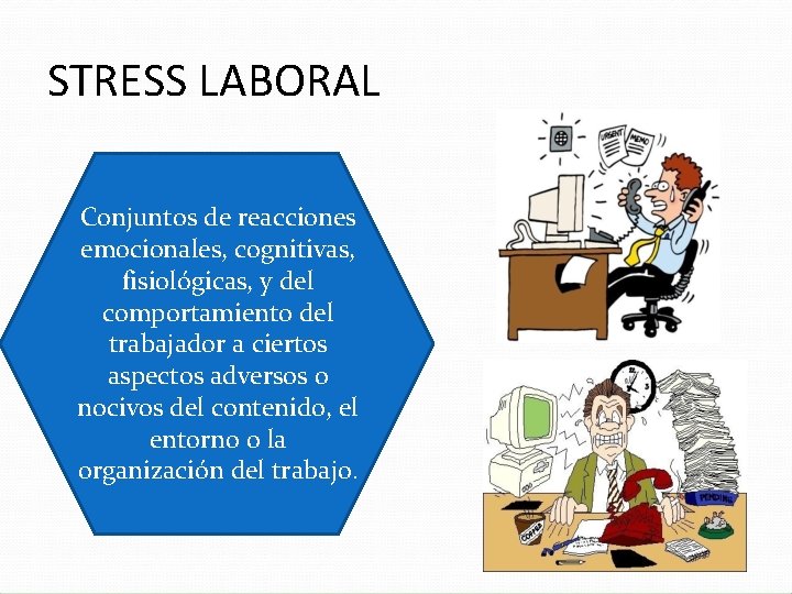 STRESS LABORAL Conjuntos de reacciones emocionales, cognitivas, fisiológicas, y del comportamiento del trabajador a