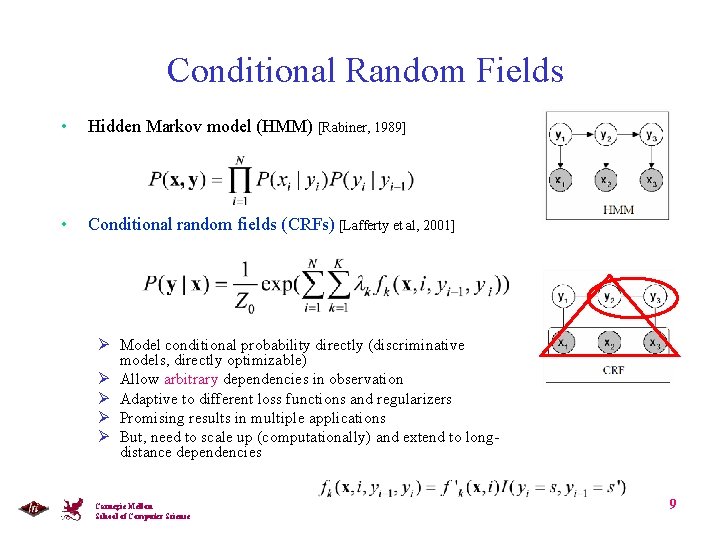 Conditional Random Fields • Hidden Markov model (HMM) [Rabiner, 1989] • Conditional random fields