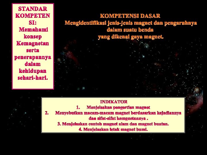 STANDAR KOMPETEN SI: Memahami konsep Kemagnetan serta penerapannya dalam kehidupan sehari-hari. 