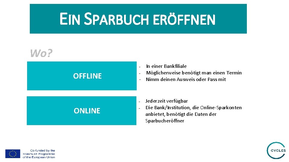 EIN SPARBUCH ERÖFFNEN Wo? In einer Bankfiliale Möglicherweise benötigt man einen Termin - Nimm