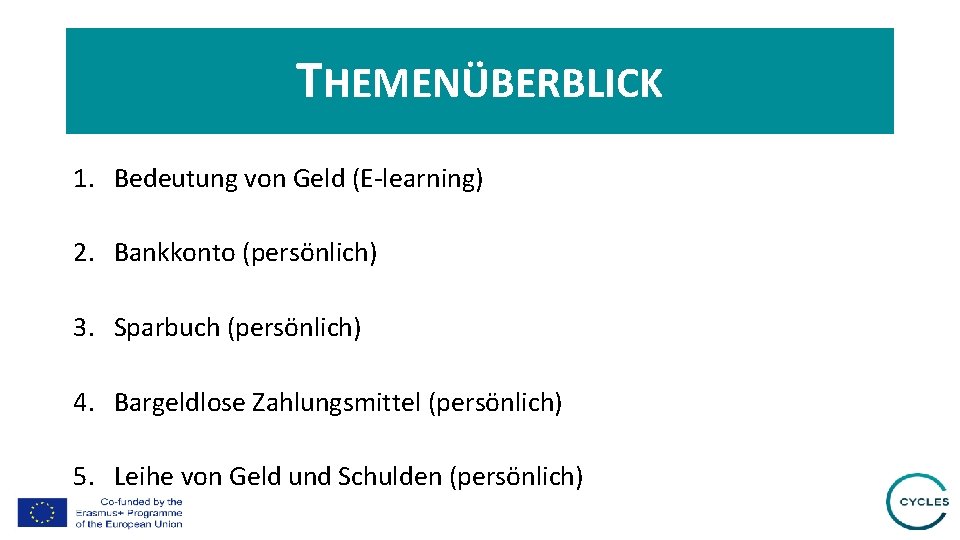 THEMENÜBERBLICK 1. Bedeutung von Geld (E-learning) 2. Bankkonto (persönlich) 3. Sparbuch (persönlich) 4. Bargeldlose