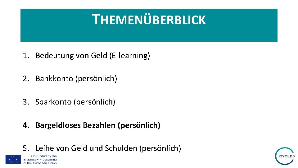 THEMENÜBERBLICK 1. Bedeutung von Geld (E-learning) 2. Bankkonto (persönlich) 3. Sparkonto (persönlich) 4. Bargeldloses