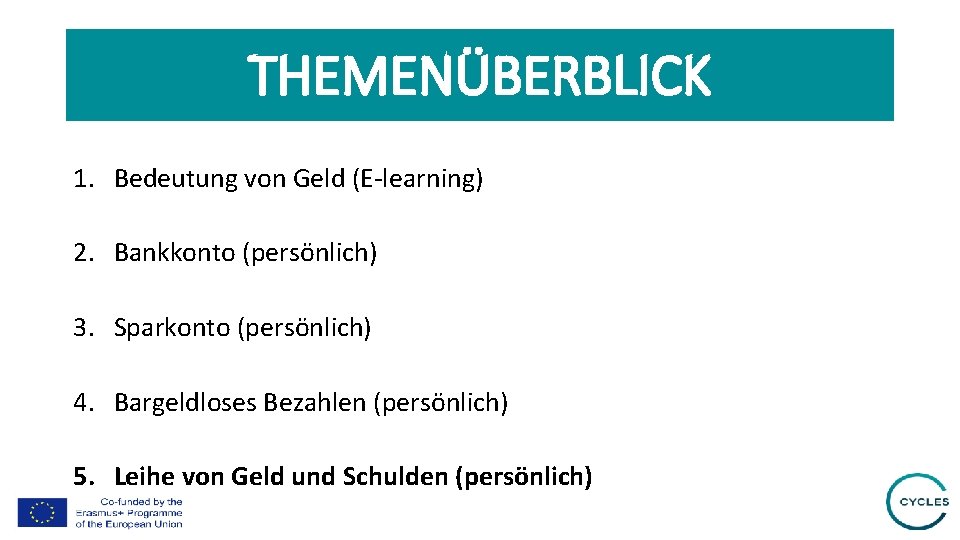 THEMENÜBERBLICK 1. Bedeutung von Geld (E-learning) 2. Bankkonto (persönlich) 3. Sparkonto (persönlich) 4. Bargeldloses