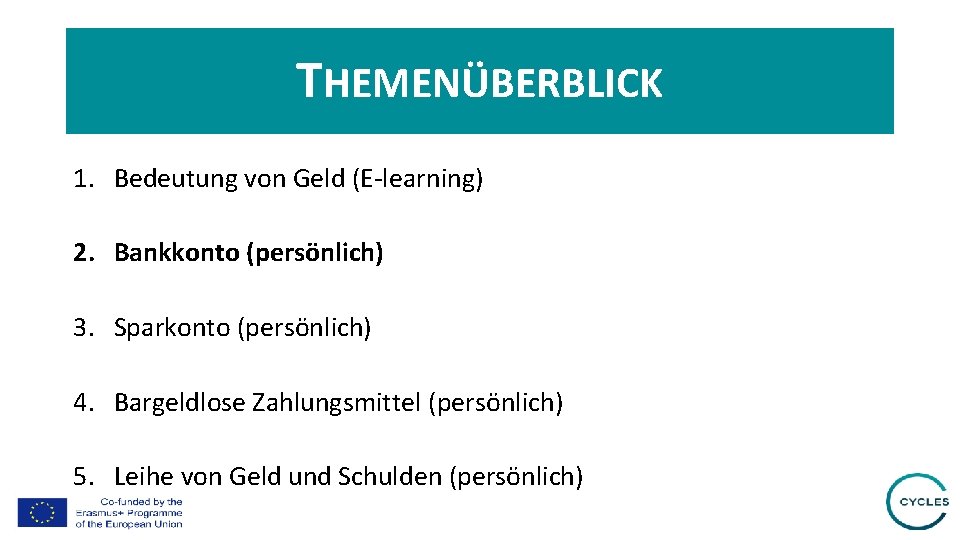 THEMENÜBERBLICK 1. Bedeutung von Geld (E-learning) 2. Bankkonto (persönlich) 3. Sparkonto (persönlich) 4. Bargeldlose