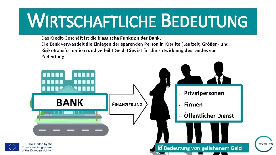 WIRTSCHAFTLICHE BEDEUTUNG - Das Kredit-Geschäft ist die klassische Funktion der Bank. Die Bank verwandelt