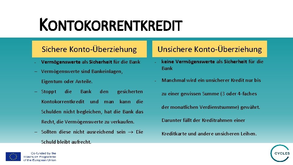 KONTOKORRENTKREDIT Unsichere Konto-Überziehung Sichere Konto-Überziehung - Vermögenswerte als Sicherheit für die Bank - -