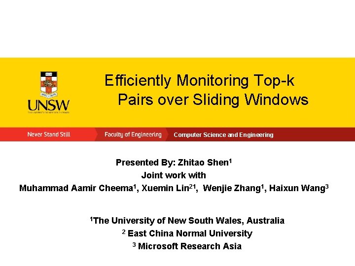 Efficiently Monitoring Top-k Pairs over Sliding Windows Computer Science and Engineering Presented By: Zhitao
