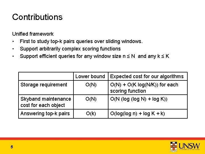 Contributions Unified framework • First to study top-k pairs queries over sliding windows. •