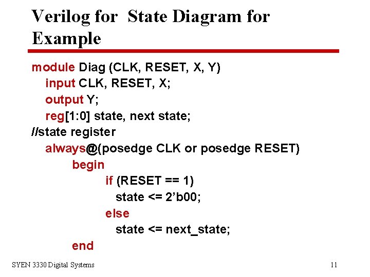 Verilog for State Diagram for Example module Diag (CLK, RESET, X, Y) input CLK,