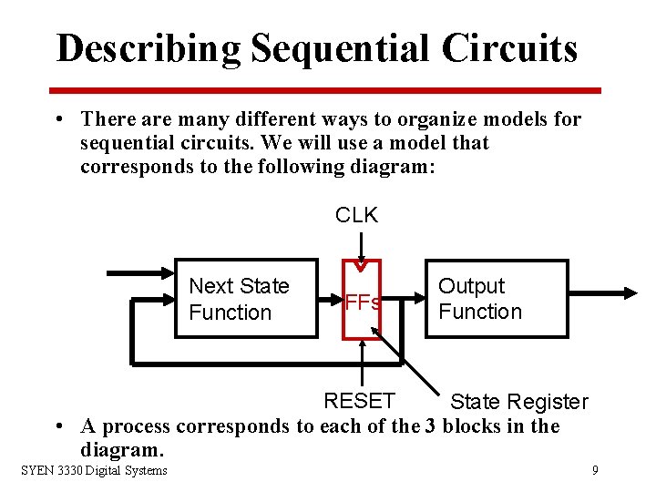Describing Sequential Circuits • There are many different ways to organize models for sequential