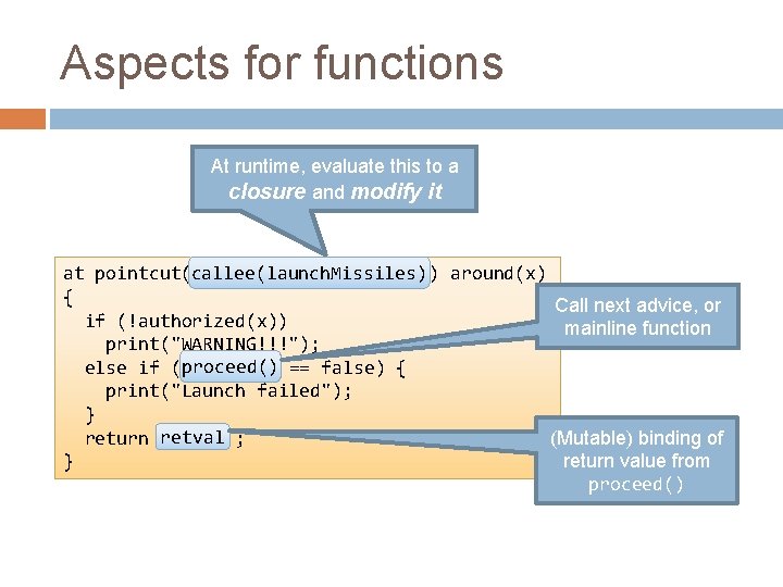 Aspects for functions At runtime, evaluate this to a closure and modify it callee(launch.