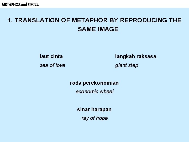 METAPHOR and SIMILE 1. TRANSLATION OF METAPHOR BY REPRODUCING THE SAME IMAGE laut cinta
