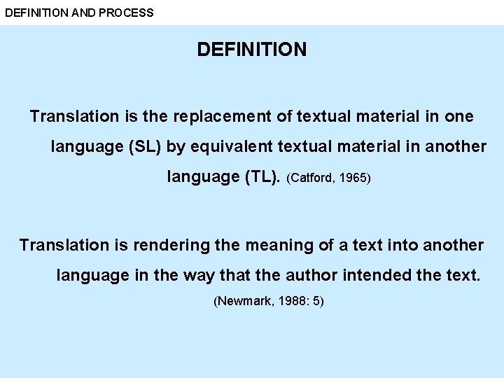 DEFINITION AND PROCESS DEFINITION Translation is the replacement of textual material in one language