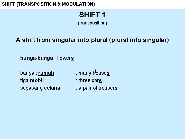 SHIFT (TRANSPOSITION & MODULATION) SHIFT 1 (transposition) A shift from singular into plural (plural