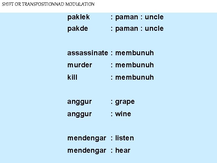 SHIFT OR TRANSPOSITIONNAD MODULATION paklek : paman : uncle pakde : paman : uncle