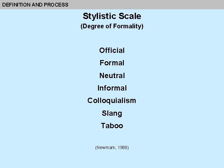 DEFINITION AND PROCESS Stylistic Scale (Degree of Formality) Official Formal Neutral Informal Colloquialism Slang