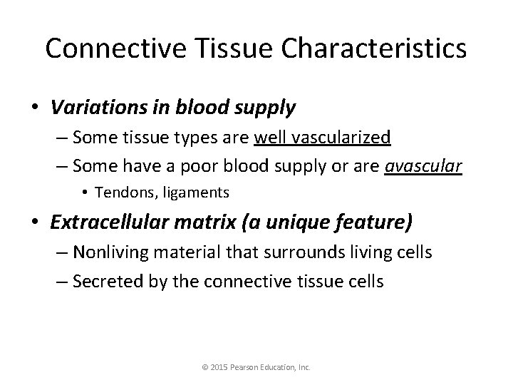Connective Tissue Characteristics • Variations in blood supply – Some tissue types are well