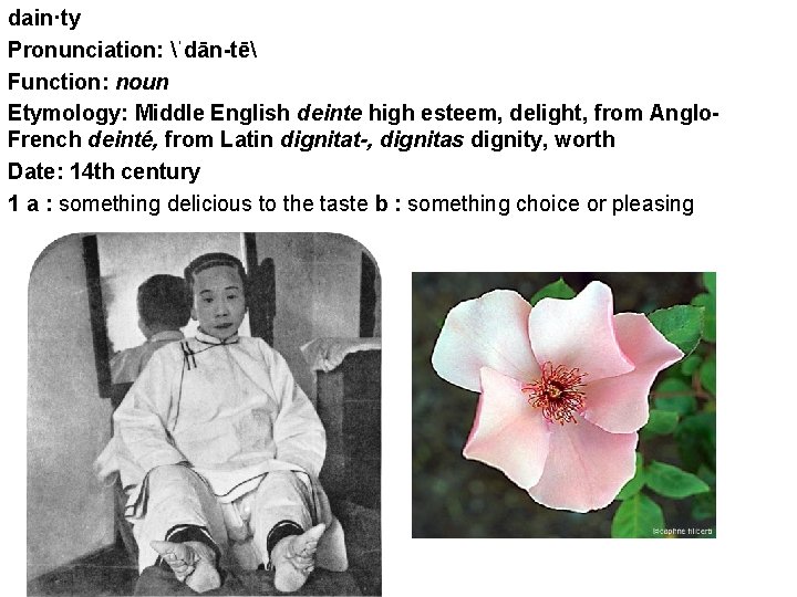 dain·ty Pronunciation: ˈdān-tē Function: noun Etymology: Middle English deinte high esteem, delight, from Anglo.