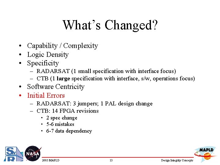 What’s Changed? • Capability / Complexity • Logic Density • Specificity – RADARSAT (1