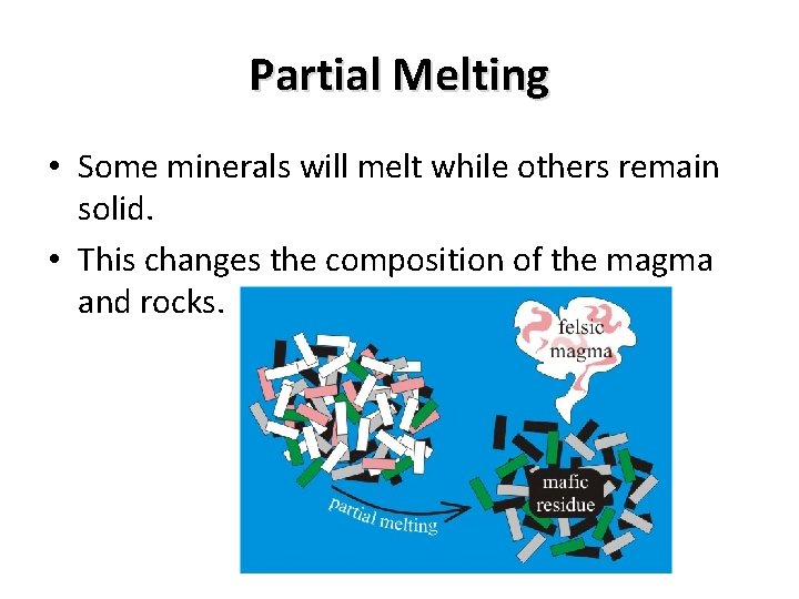 Partial Melting • Some minerals will melt while others remain solid. • This changes