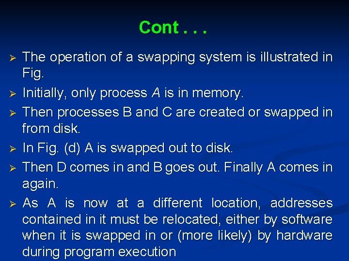 Cont. . . Ø Ø Ø The operation of a swapping system is illustrated