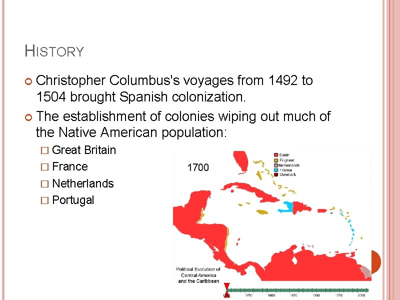 HISTORY Christopher Columbus's voyages from 1492 to 1504 brought Spanish colonization. The establishment of