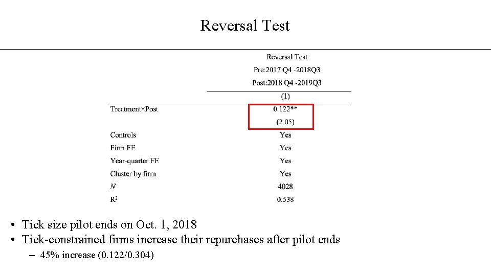 Reversal Test • Tick size pilot ends on Oct. 1, 2018 • Tick-constrained firms