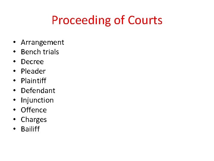 Proceeding of Courts • • • Arrangement Bench trials Decree Pleader Plaintiff Defendant Injunction