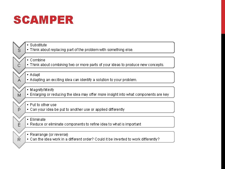 SCAMPER S • Substitute • Think about replacing part of the problem with something